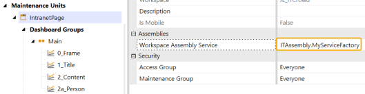 Maintenance Unit's Workspace Assembly Service property entry boxed with yellow highlight